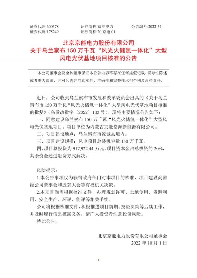 京能電力150萬千瓦“風(fēng)光火儲氫”基地獲批！